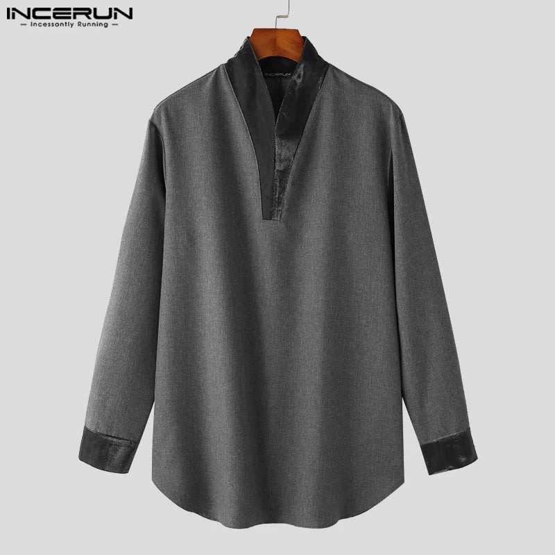 Muslim family   INCERUN Tops 2024 Muslim Style Hot Sale Mens Shirts Muslim Dual Color Patchwork Design Standing Collar Long Sleeved Blouse S-5XL