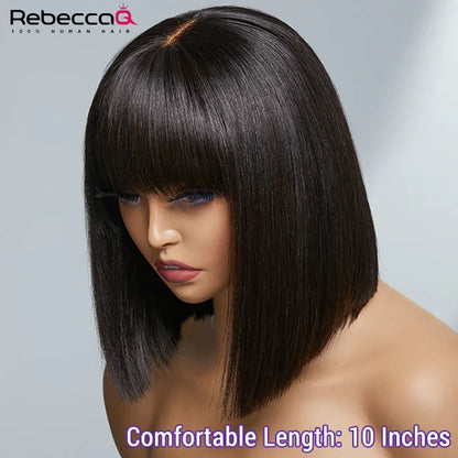 Crown & Glory Wigs  Short Bob Wig With Bangs Glue less Human Hair Wig Ready to Go Straight Hair Bob Wigs Brazilian Remy Full Machine Wigs for Women