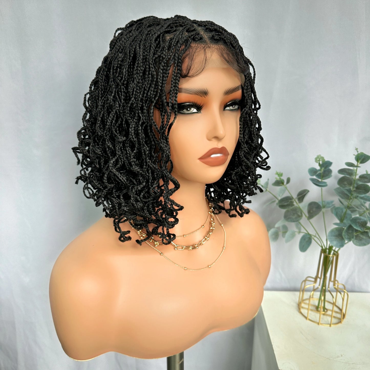 Crown & Glory Wigs Synthetic 4x4 Lace Front Braid Wig 14inch Curly Faux Locs Black Color Large Parting Space Twist Dreadlock Wigs for Black Women