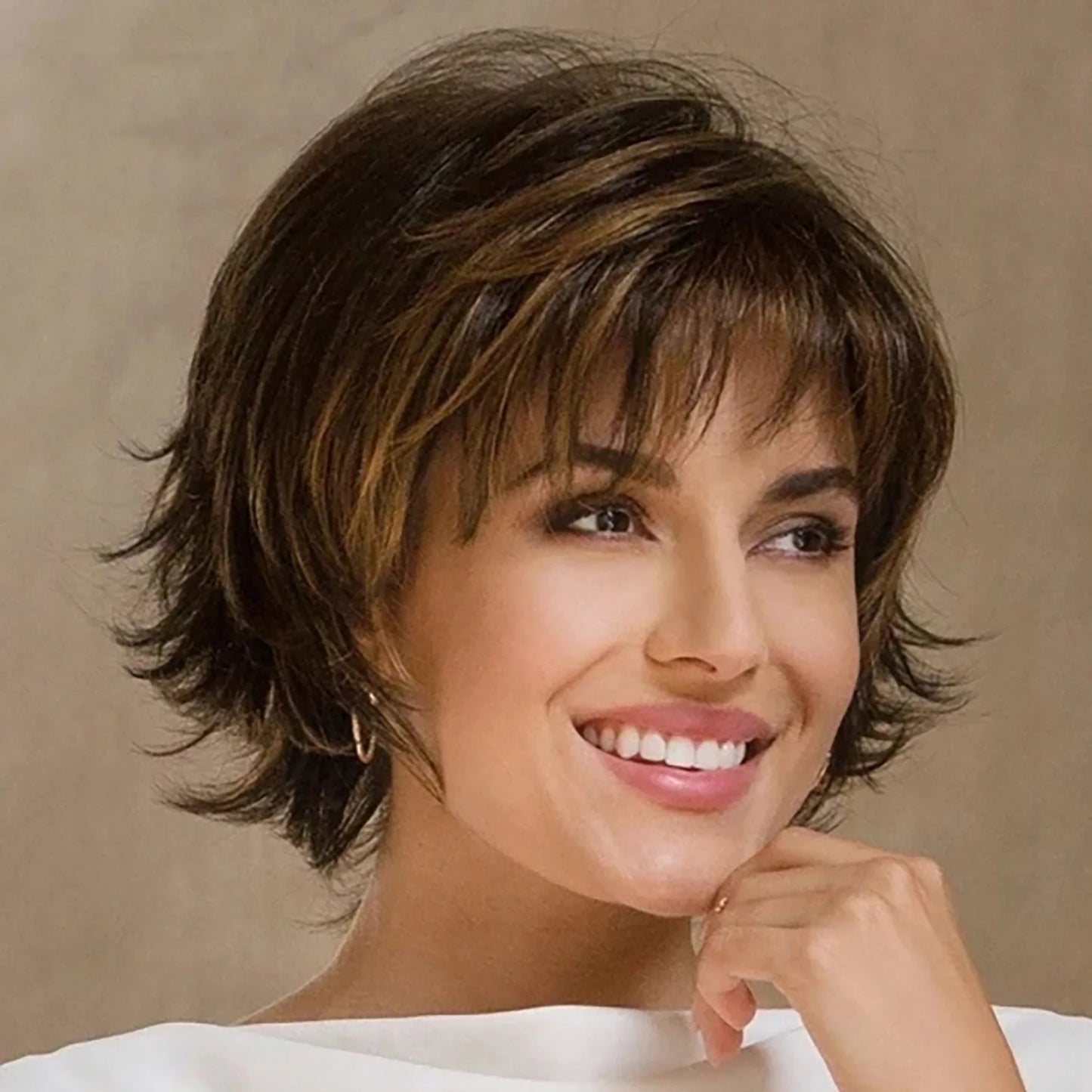 Crown & Glory Wigs Short Brown Pixie Cut Wigs with Bangs Straight Synthetic Hair Wig Ombre Blonde Wig Headband Cosplay Wig