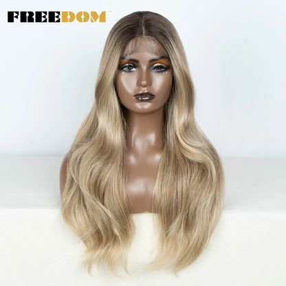 Crown & Glory Wigs  FREEDOM Synthetic Lace Front Wigs For Women Straight Lace Wig With Baby Hair 24 inches Ombre Brown Highlight Wigs Cosplay Wig