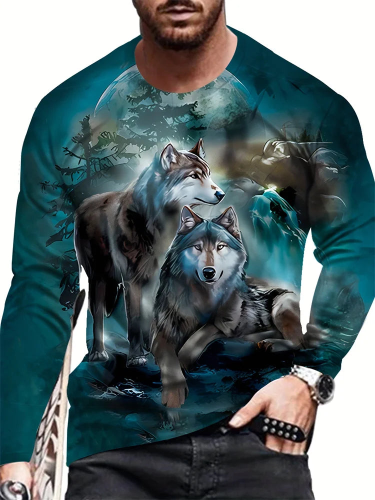 Men clothing Street Fashion Men's Long Sleeve T-shirt  Wolf Print