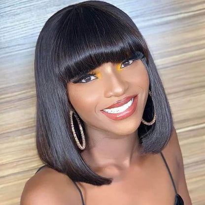 Crown & Glory Wigs  Short Bob Wig With Bangs Glue less Human Hair Wig Ready to Go Straight Hair Bob Wigs Brazilian Remy Full Machine Wigs for Women