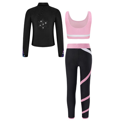 Girl clothing   Kids Girls Sweat suits Set Tracksuit 3 Piece Outfits Long Sleeve Zip Front Jacket + Vest + Colorblock Leggings Sportswear Sets