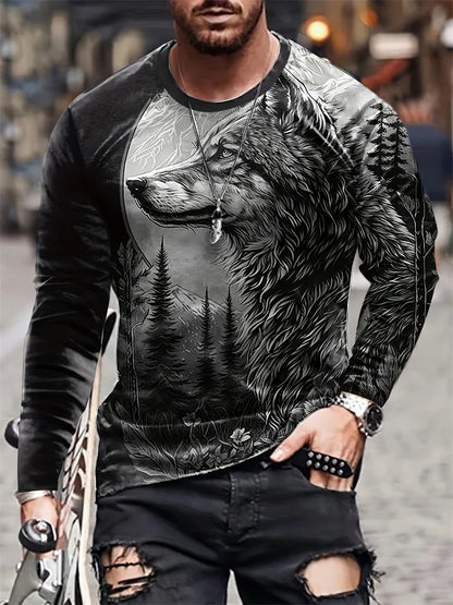 Men clothing Street Fashion Men's Long Sleeve T-shirt  Wolf Print