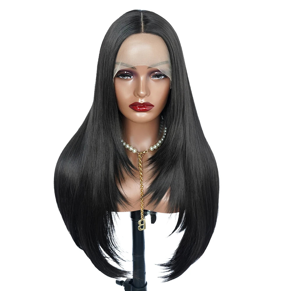 Crown & Glory Wigs   Reddish Brown Butterfly Haircut Wig Layered Wig Synthetic Straight Wigs For Women Lace Wig Pre Plucked Black Natural Hair