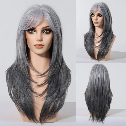 Crown & Glory WigsHENRY MARGU Grey Layered Synthetic Natural Wig Medium Length Straight Wig with Bangs for Women Daily Party Wigs Heat Resistant