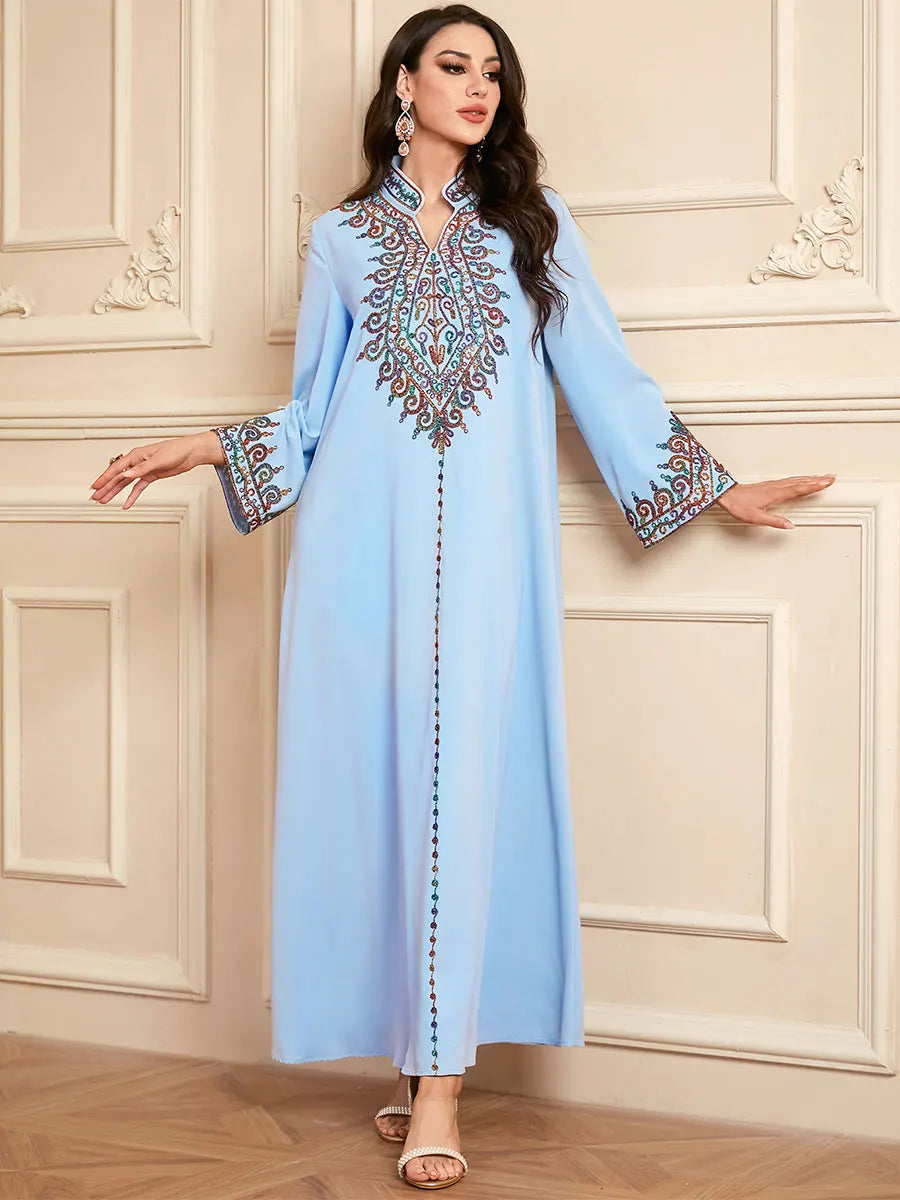 Muslim family   Siskakia Embroidery V-Neck Long Dress Dubai Arab Abaya For Muslim Woman Loose Moroccan Saudi Ethnic Jalabiya Fashion Robe 2024