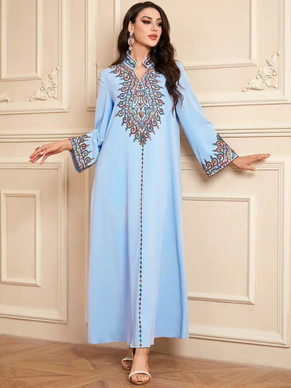 Muslim family   Siskakia Embroidery V-Neck Long Dress Dubai Arab Abaya For Muslim Woman Loose Moroccan Saudi Ethnic Jalabiya Fashion Robe 2024