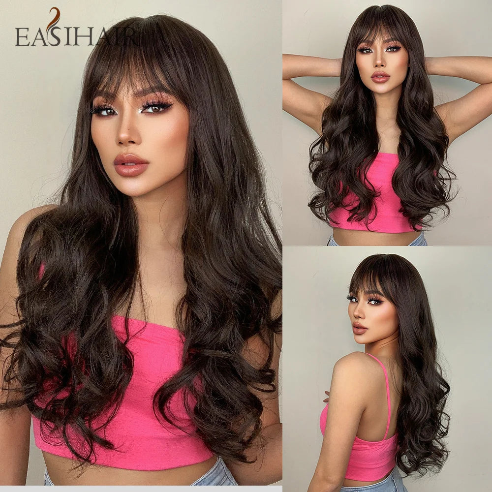 Crown & Glory Wigs EASIHAIR Dark Brown Long Wavy Synthetic Wig with Bangs Natural Wave Cosplay Daily Use Hair Wigs for Women Afro Heat Resistant