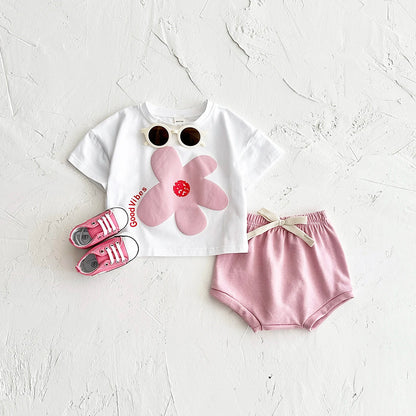 Girl clothing Toddler Boys Outfit Baby Clothes Set Newborn Baby Summer Clothing Cotton Girl Suit Sun Flower Print T-shirt+Beach Shorts