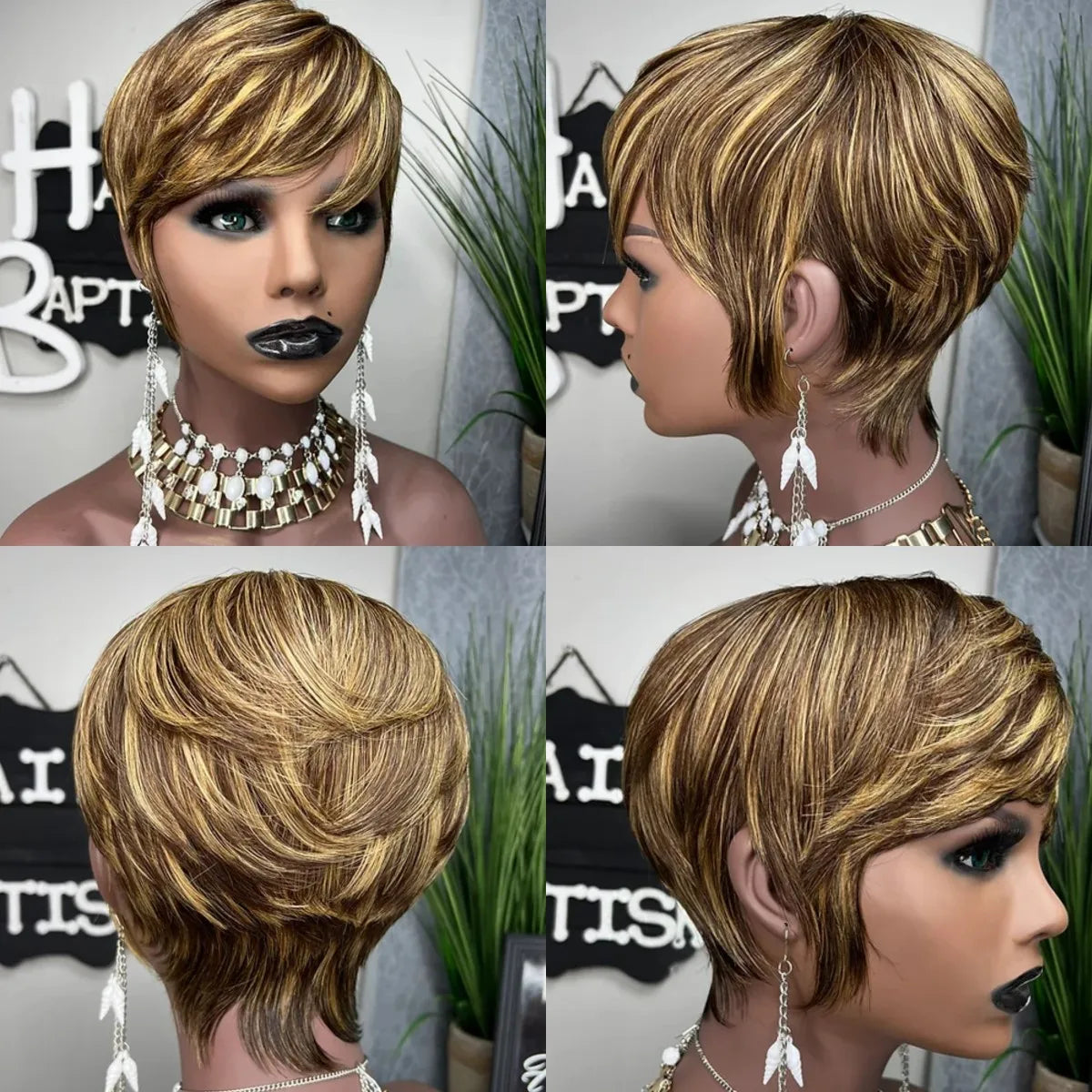 Crown & Glory Wigs  WIGERA Highlight Synthetic Short Straight Pixie Cut Hair Bob Wig Ombre Honey Blonde Mix Black Bronw Layered Hair Wigs For Woman