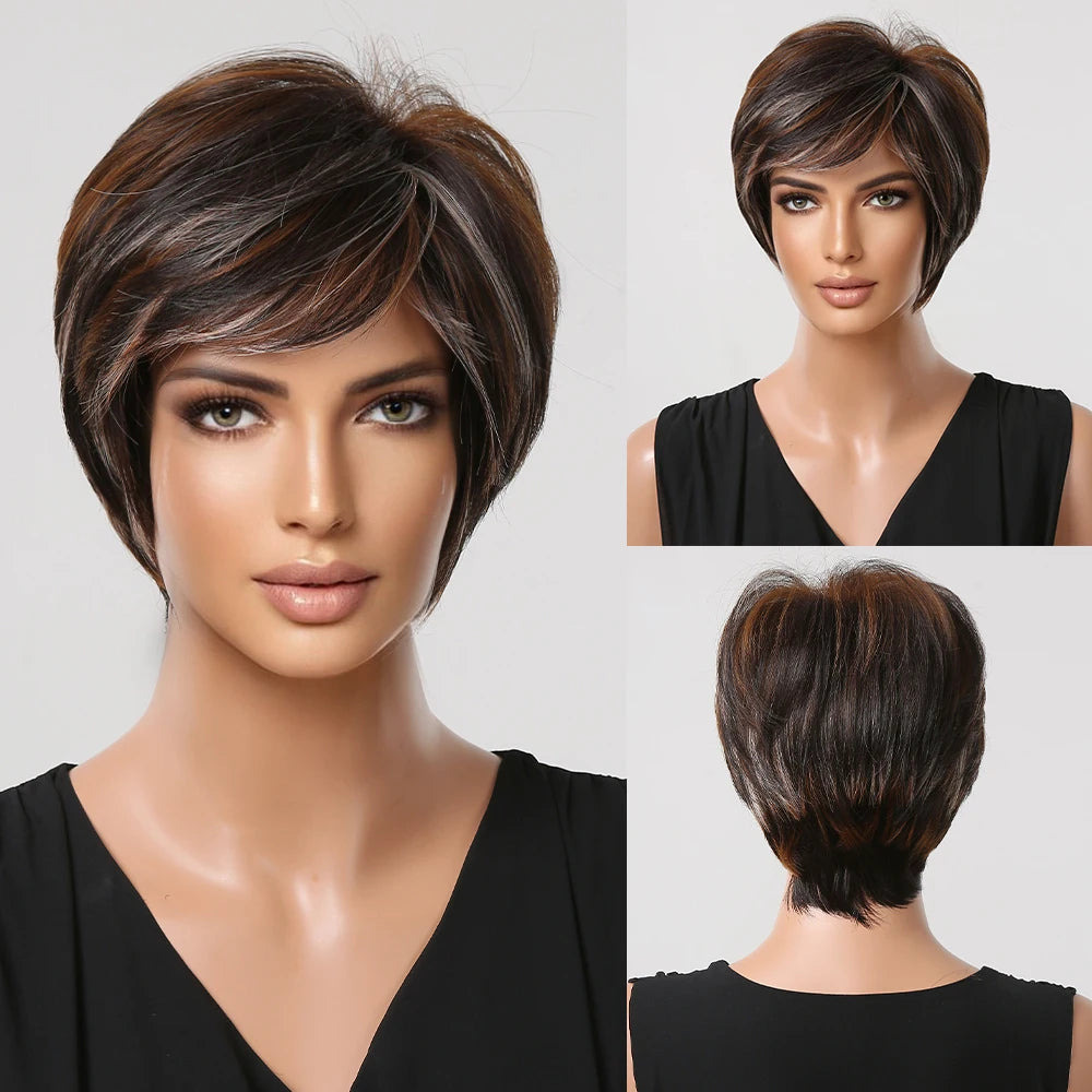 Crown & Glory Wigs EASIHAIR Short Honey Brown Synthetic Wigs for Women Layered Natural Hair Wigs Free Part Short Hair Daily Wig Heat Resistant