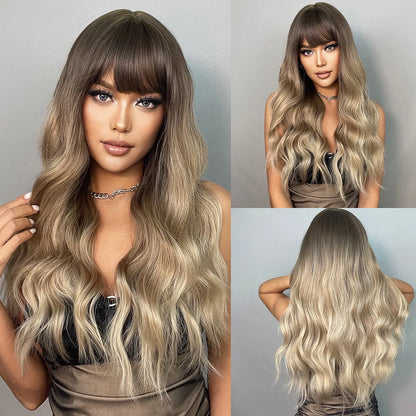 Crown & Glory Wigs   ALAN EATON Brown Blonde Layered Synthetic Wigs Long Natural Body Wavy Wig with Bangs Party Cosplay Hair for Women Heat Resistant