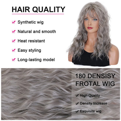 Crown & Glory Wigs   BCHR Grey Wigs with Bangs Long Curly Synthetic Wigs for Women Daily Cosplay Party Halloween Costume (Grey 20Inches)