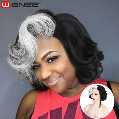 Crown & Glory Wigs   WIGNEE Pixie Short Wigs Synthetic Hair Body Wave Wig Side Part Lace Wig Natural Hair Wigs For Women Black Wig Heat Resistant