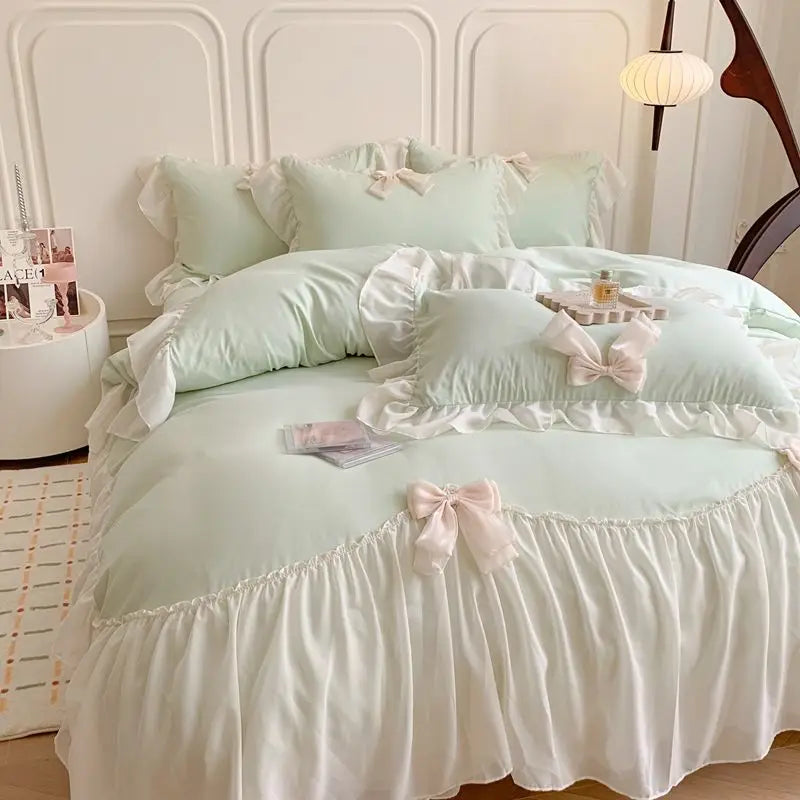 Bedroom   French Princess Style Bedding Sets Ruffle Lace Bow Quilt Cover Romantic Bedclothes Decor Woman Girls Bedroom Duvet Cover 4pcs