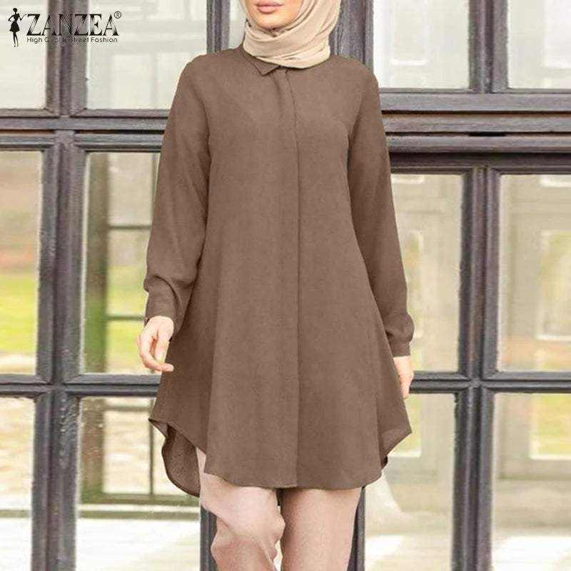 Muslim family Women  Muslim Blouse ZANZEA Spring Elegant Long Sleeve Solid Shirt  Turkey Tops Abaya Marocain Blusas IsIamic Clothing