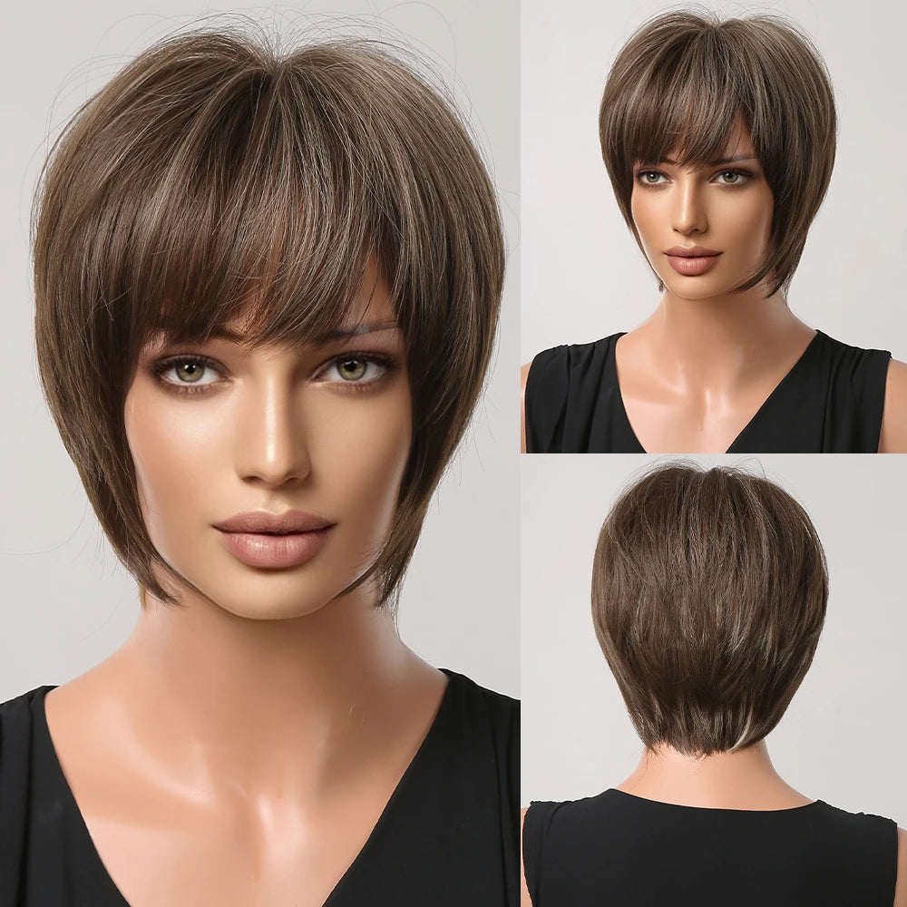 Crown & Glory Wigs EASIHAIR Short Honey Brown Synthetic Wigs for Women Layered Natural Hair Wigs Free Part Short Hair Daily Wig Heat Resistant