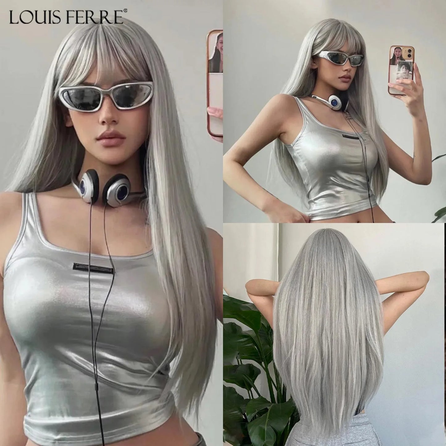 Crown & Glory Wigs  Grey White To Brown Ombre Synthetic Wigs Long Straight Layered Hair Wig For Women High Temperature Wig For Cosplay Daily Party