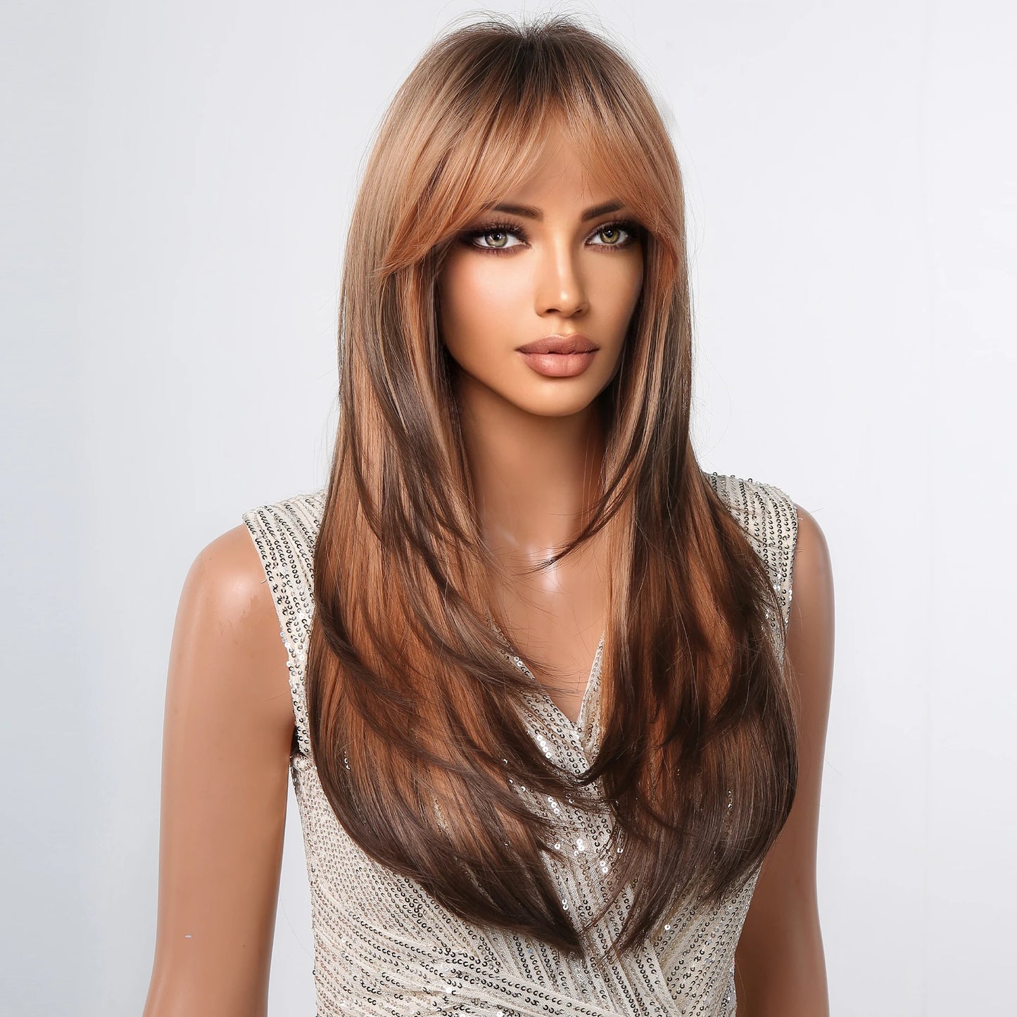 Crown & Glory Wigs  Brown to Light Ash Brown Blonde Wigs with Bangs Layered Synthetic Wigs for Women Long Natural Hair Cospay Party