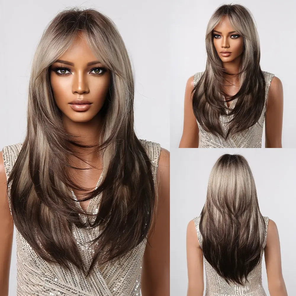 Crown & Glory Wigs  Brown to Light Ash Brown Blonde Wigs with Bangs Layered Synthetic Wigs for Women Long Natural Hair Cospay Party