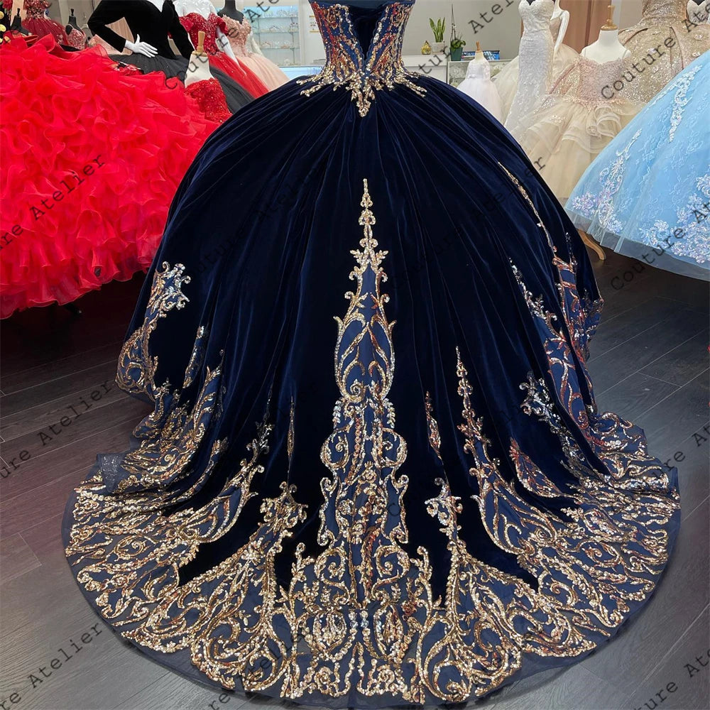 Woman clothing   Dark Green Velvet Gold Sequin Applique Ball Gown Quinceanera Dresses Three Quarter Sleeves Sweet 15 16 Dress Corset Customized