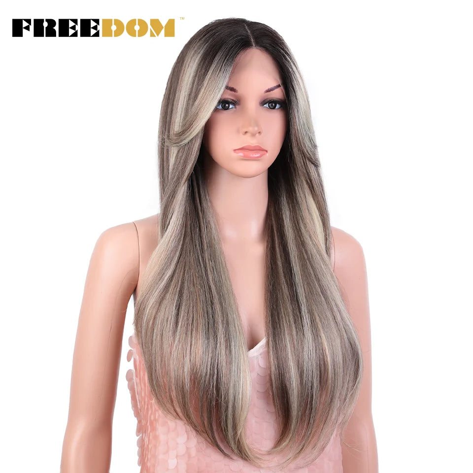 Crown & Glory Wigs   FREEDOM Synthetic Lace Front Wigs For Black Women 26 inch Straight Wigs Ombre Blond Cosplay Wig Synthetic Lace Wig With Bangs