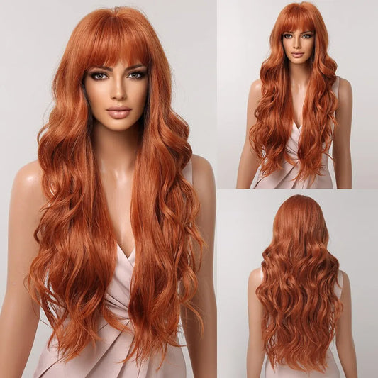 Crown & Glory Wigs  Ginger Curly Synthetic Wigs for Women Long Natural Wavy Orange Wigs with Flat Bangs Colorful Party Heat Resistant Wig