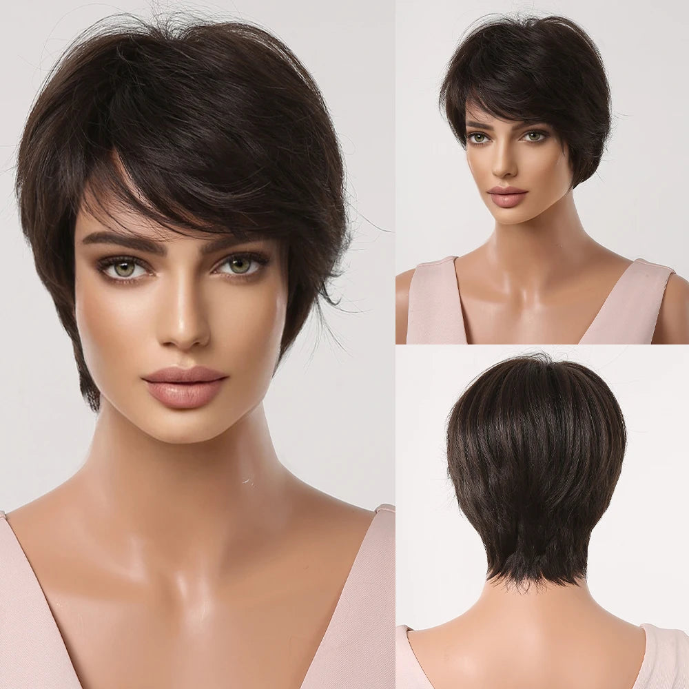 Crown & Glory Wigs EASIHAIR Short Honey Brown Synthetic Wigs for Women Layered Natural Hair Wigs Free Part Short Hair Daily Wig Heat Resistant