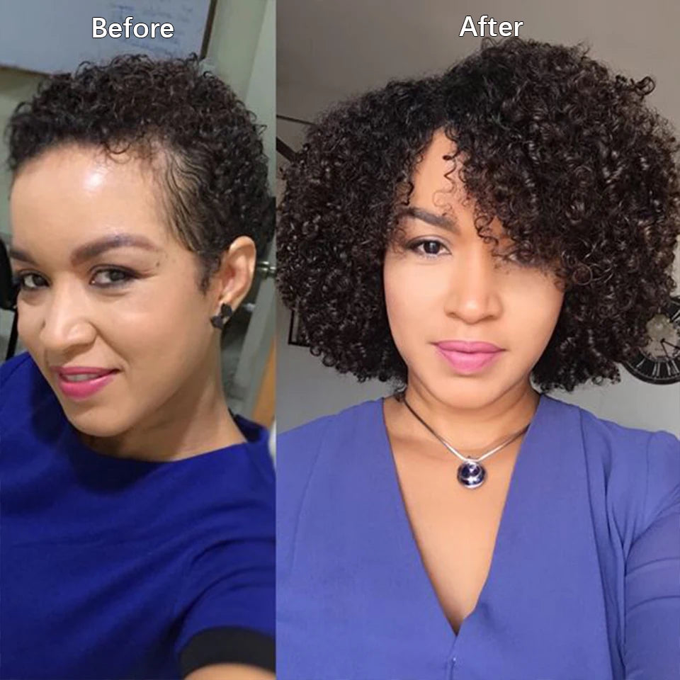 Crown & Glory Wigs Joedir Short Brown Human Hair Wigs Bob Pixie Cut Afro Kinky Brazilian Hair for Black Women Machine Part Side With Bang Cheap Wig