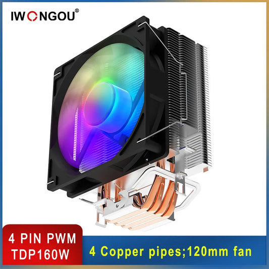 Laptop IWONGOU CPU Cooler Am4 4pin RGB 120mm Cooling Cpu Fan 4 Heatpipes Radiator Computer Cooler for Inetl Lga2011/1200/1700/1155/AMD