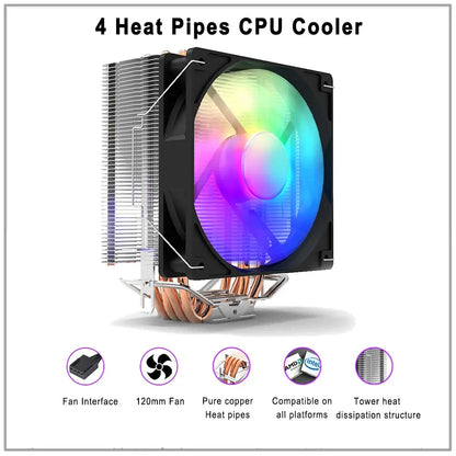 Laptop IWONGOU CPU Cooler Am4 4pin RGB 120mm Cooling Cpu Fan 4 Heatpipes Radiator Computer Cooler for Inetl Lga2011/1200/1700/1155/AMD