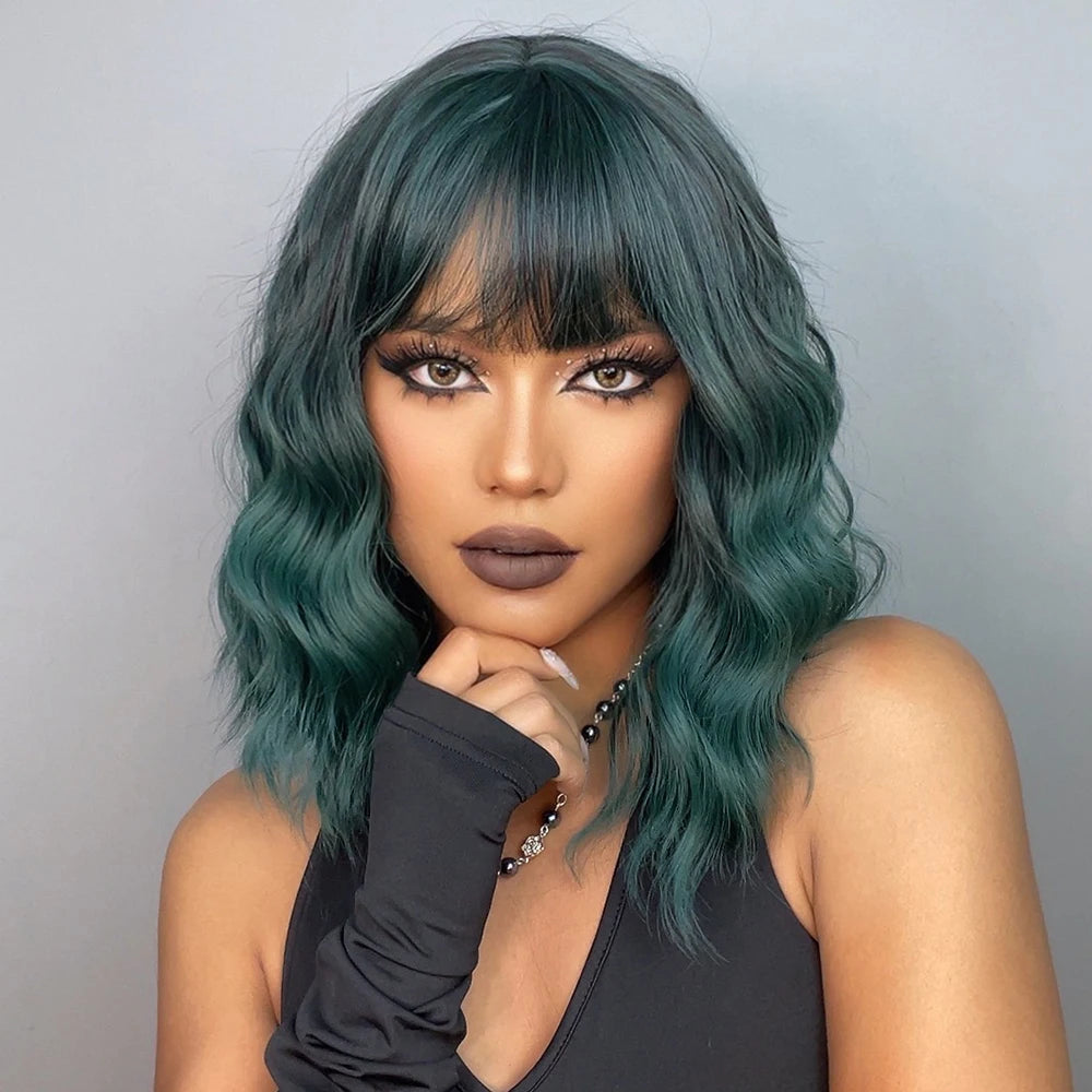 Crown & Glory Wigs  Short Bob Curly Wavy Green Synthetic Wigs with Bangs for Women Afro Cosplay Colorful Natural Hair Wig Halloween Heat Resistant