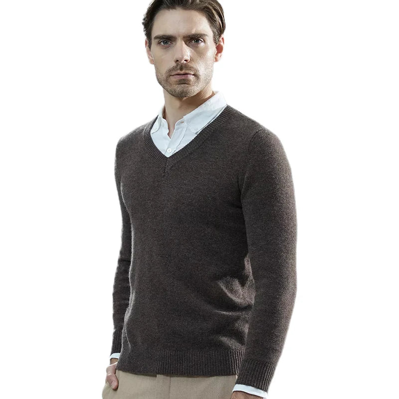 Muslim family   Cashmere Sweater Men Knitted Sweaters 100% Pure Merino Wool V-Neck Long-Sleeve Thick Pullover Winter Autumn Male Jumper Clothing