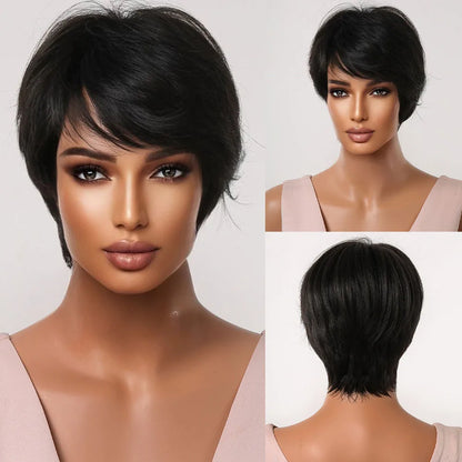 Crown & Glory Wigs HENRY MARGU Dark Root Ombre Brown Blonde Short Hair Wigs Fluffy Pixie Cut Synthetic Wig for Black White Women Heat Resistant