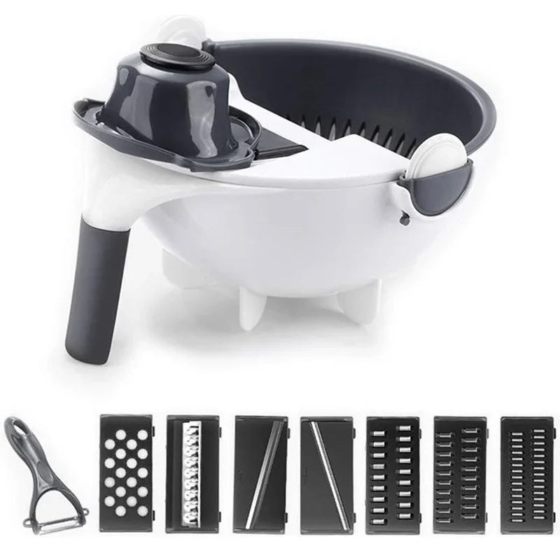 Kitchen  9 in 1 Multifunction Vegetable Cutter with Drain Basket Magic Rotate Colander New Vegetable Portable Slicer Chopper Grater