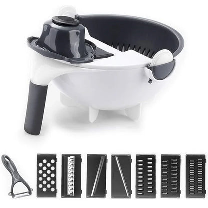 Kitchen  9 in 1 Multifunction Vegetable Cutter with Drain Basket Magic Rotate Colander New Vegetable Portable Slicer Chopper Grater