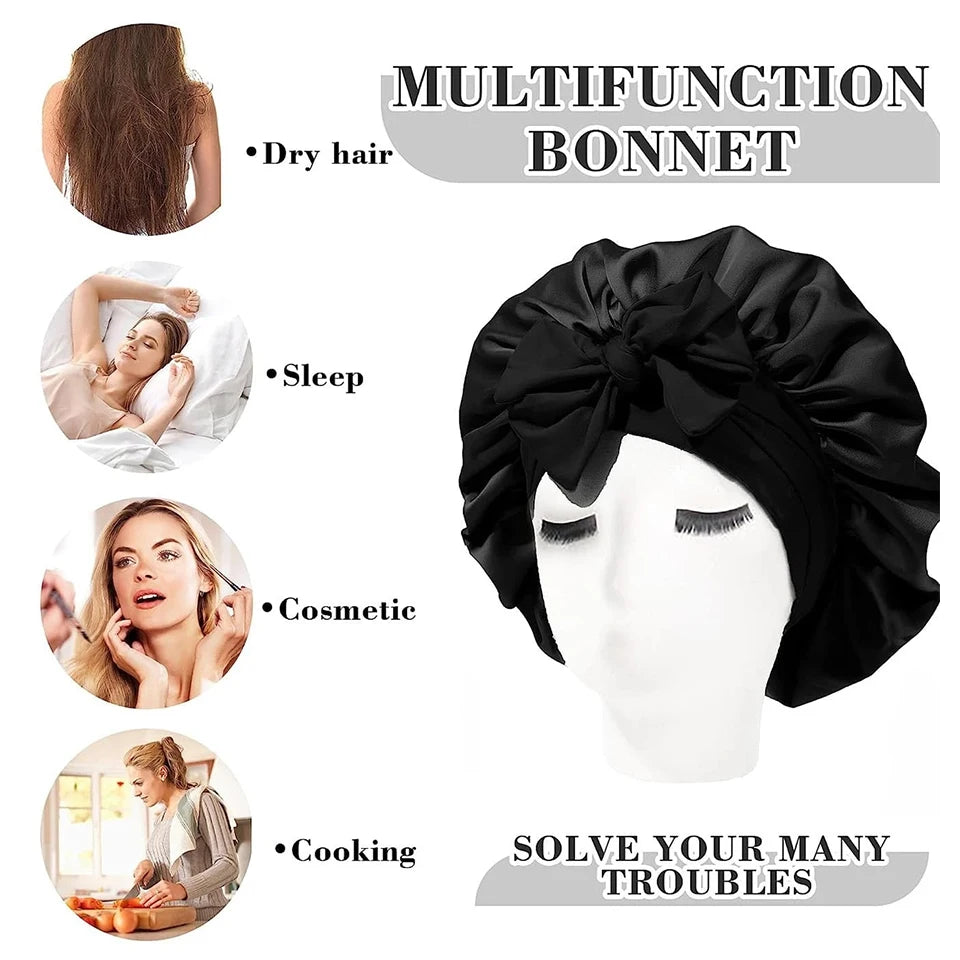 Style & Shine Hair  Satin Solid  Silky Bonnets With Long Tie Bands Elastic Shower Cap Adjustable