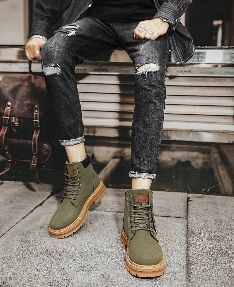 Men shoes High Top Men Boots Fashion Motorcycle Ankle Boots for Men New Hot Green Male Hiking Boot Winter Lace-Up Men's Shoes Botas Hombre