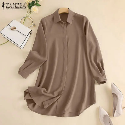 Muslim family Women  Muslim Blouse ZANZEA Spring Elegant Long Sleeve Solid Shirt  Turkey Tops Abaya Marocain Blusas IsIamic Clothing