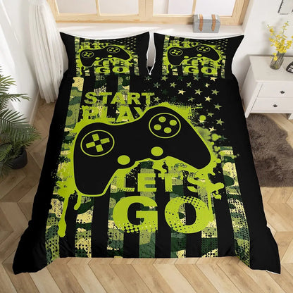 Bedroom  Teen Boys Gamer Duvet Cover Set Queen/King Size,Boys Gamepad Comforter Cover,Black Classic Retro Gaming Polyester Quilt Cover