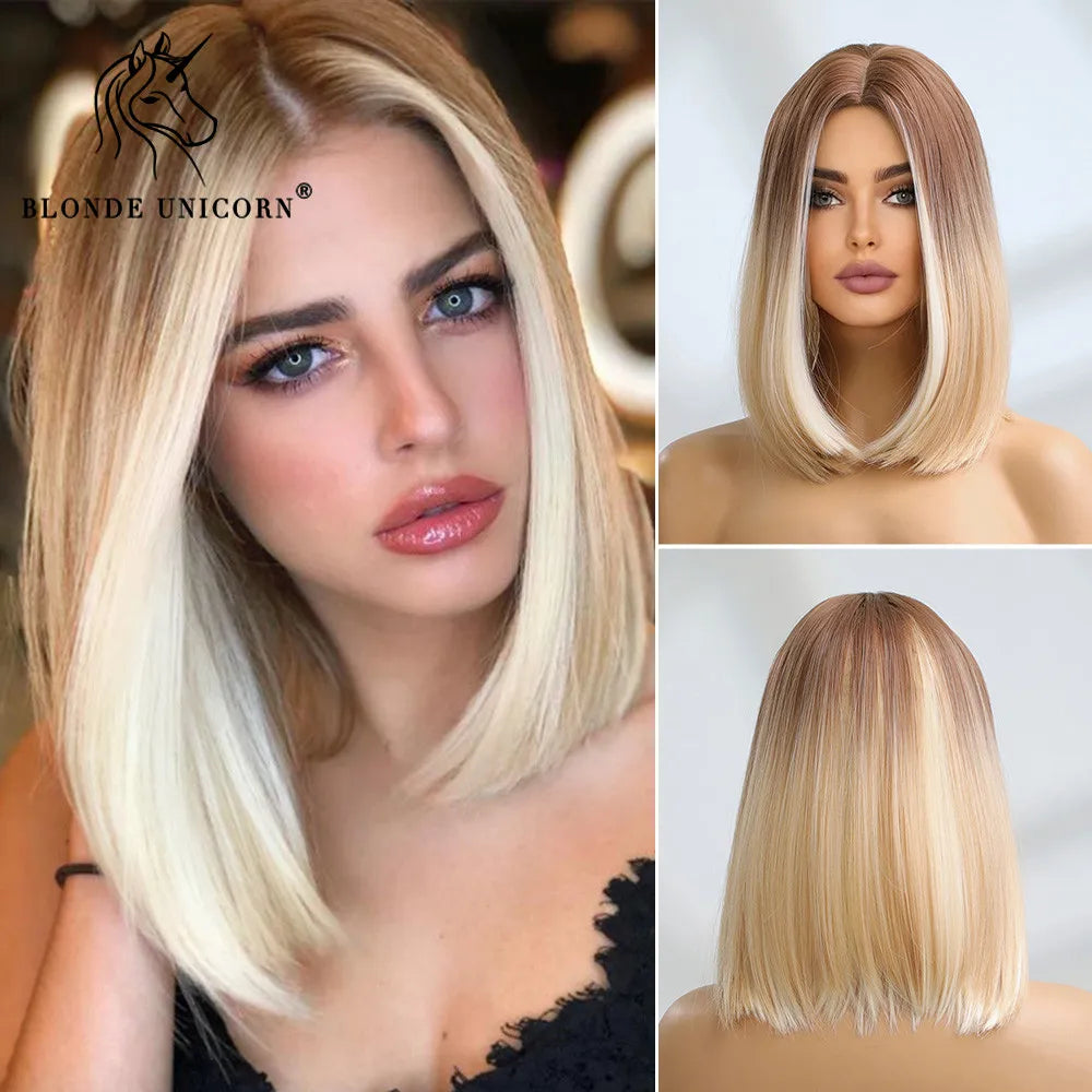 Crown & Glory Wigs  Blonde Unicorn Synthetic Wig Medium Long Ombre Blonde to Platinum For Women Daily Party Cosplay Wigs Heat Resistant Fiber Hair