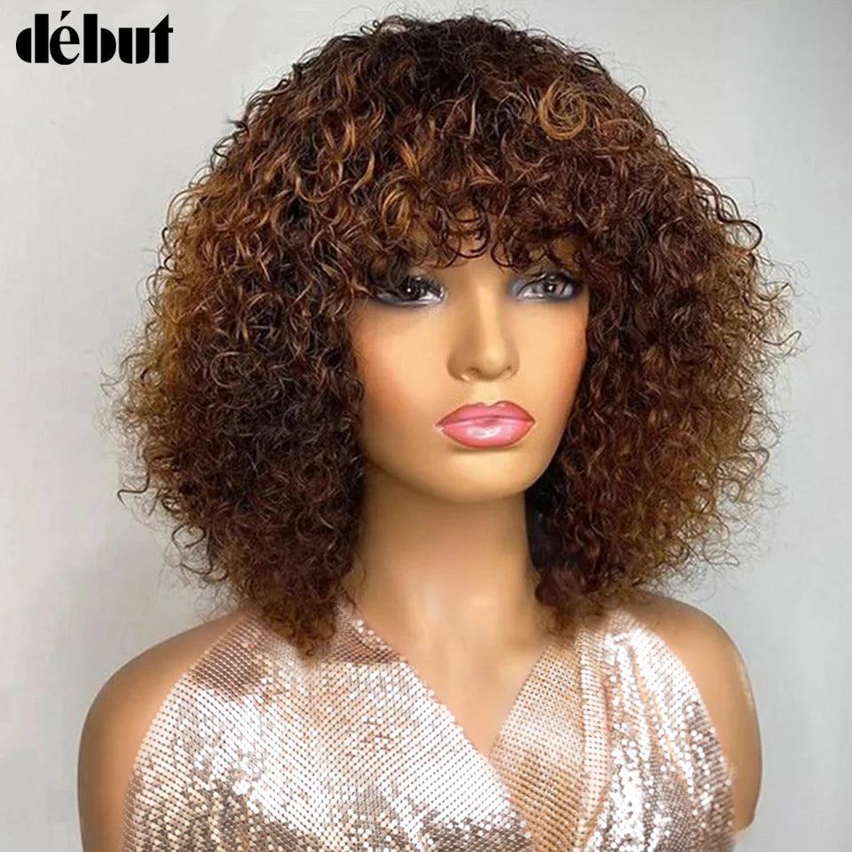 Crown & Glory Wigs  Debut Highlight Curly With Bangs Human Hair Wigs Kinky Curly Wigs For Black Women Brazilian Remy Human Hair Wigs Cheap Jerry Curl