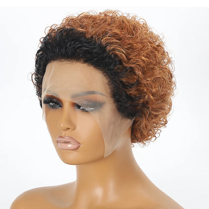 Crown & Glory Wigs  Pixie Cut Wigs Short Kinky Curly Lace Front Human Hair Wigs 13x2 Transparent Lace Frontal Wigs 1B/99 Ombre Water Wave Bob Wig