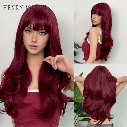 Crown & Glory Wigs HENRY MARGU Burgundy Long Wavy Wigs Wine Red Wig with Bangs for Women Daily Synthetic Hair Cosplay Wig Heat Resistant Fiber