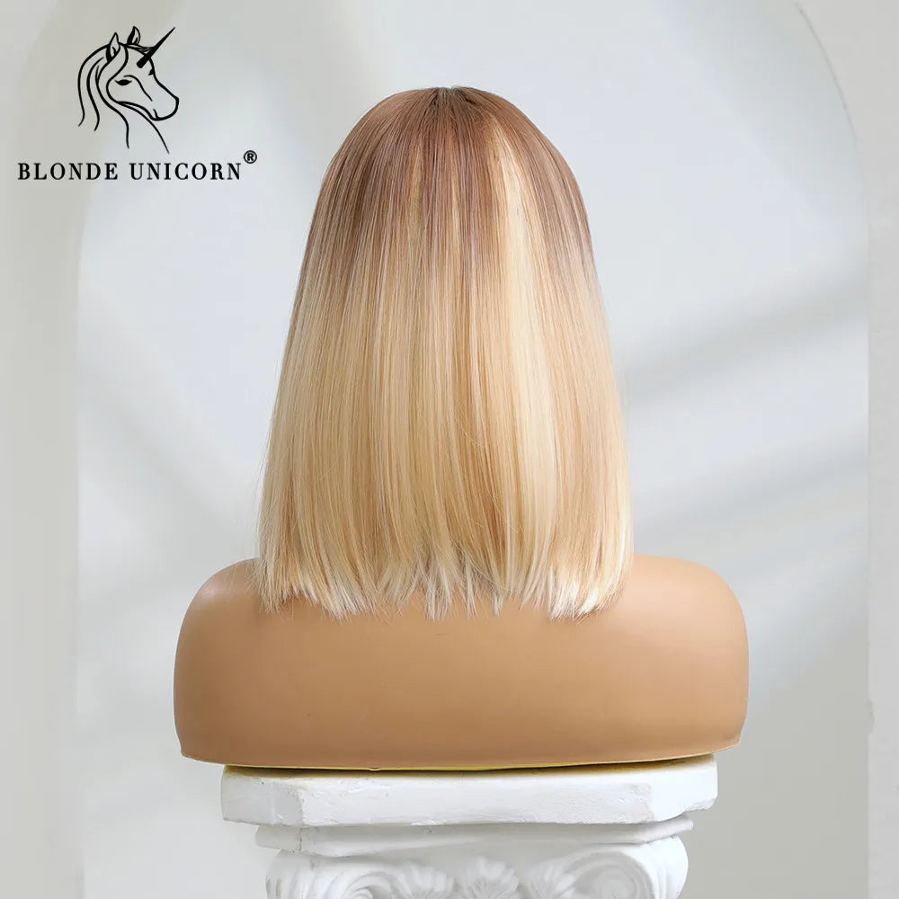 Crown & Glory Wigs  Blonde Unicorn Synthetic Wig Medium Long Ombre Blonde to Platinum For Women Daily Party Cosplay Wigs Heat Resistant Fiber Hair