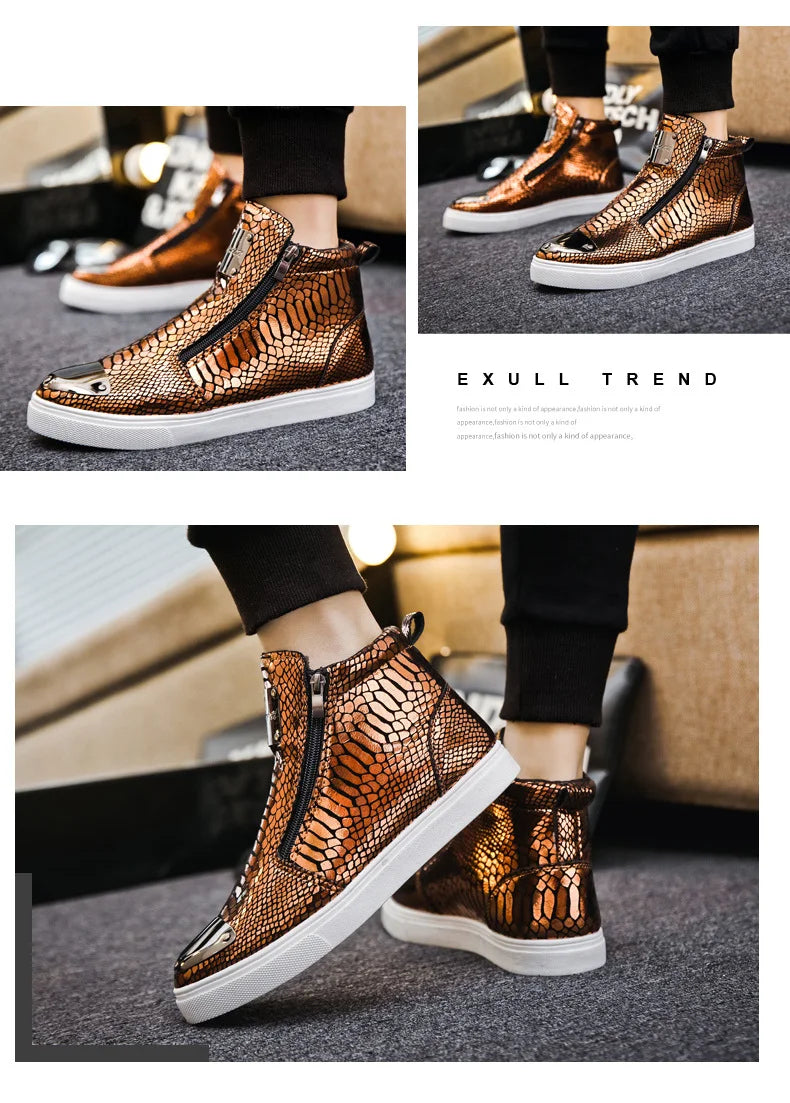 Men shoes  Hot Zipper High Top Sneakers Men Fashion Crocodile Leather Shoes For Men Luxury Golden Casual Sneakers Male Hip Hop Rock Shoes