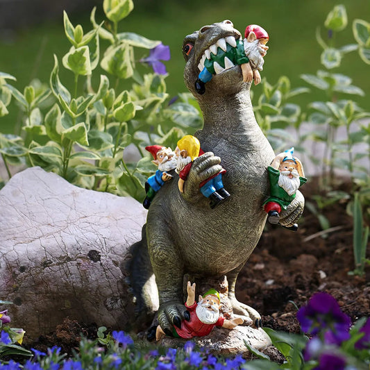 Outdoor  Garden Dinosaur Eating Gnome Statues Outdoor Funny Resin Figurines Sculpture Decor for Garden Patio Lawn Yard Ornament Decor 1pc