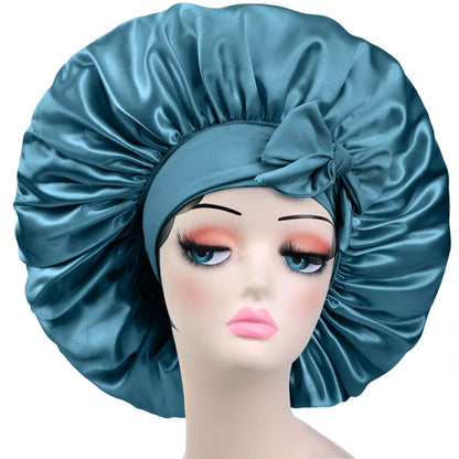 Style & Shine Hair  Satin Solid  Silky Bonnets With Long Tie Bands Elastic Shower Cap Adjustable